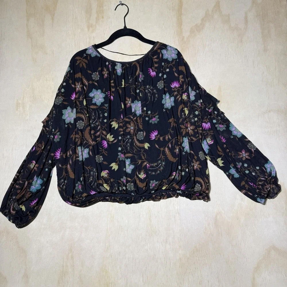 Free People Women's XS Floral Peasant Blouse Black Boho Balloon Sleeve Top